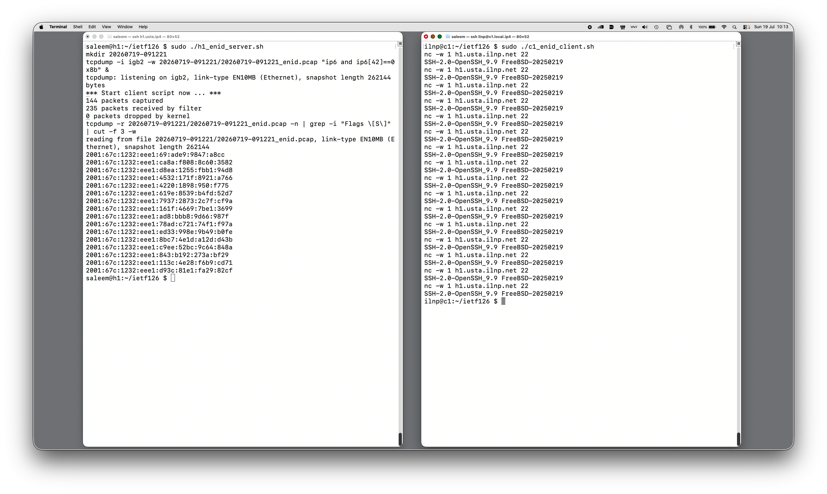 nc used to make successive TCP handshakes with ssh over ILNP to show eNID behaviour
