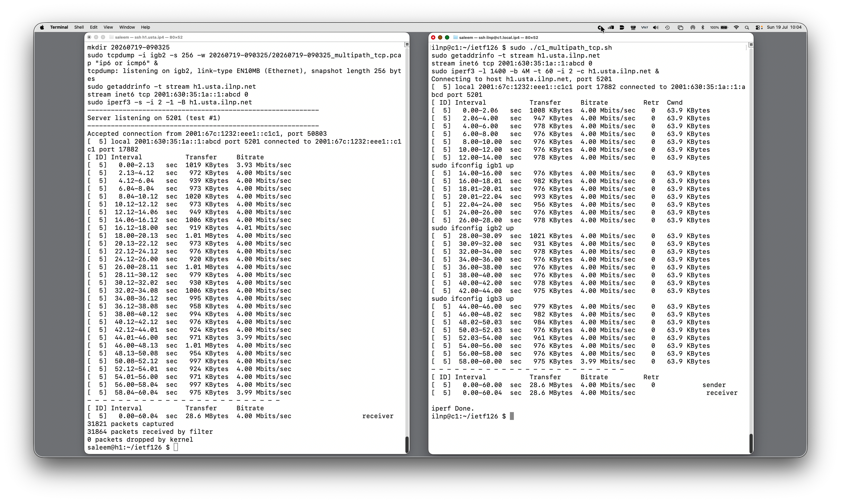 getaddrinfo, then an iperf3 TCP connection that is multipath capable because of ILNP