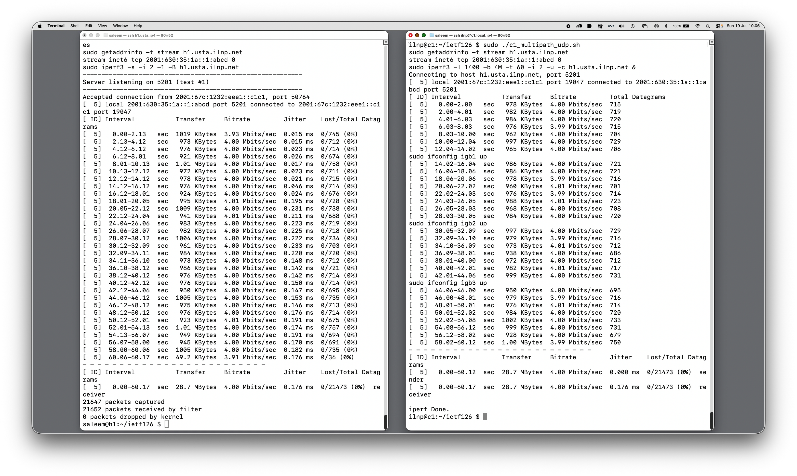 getaddrinfo, then an iperf3 UDP flow that is multipath capable because of ILNP